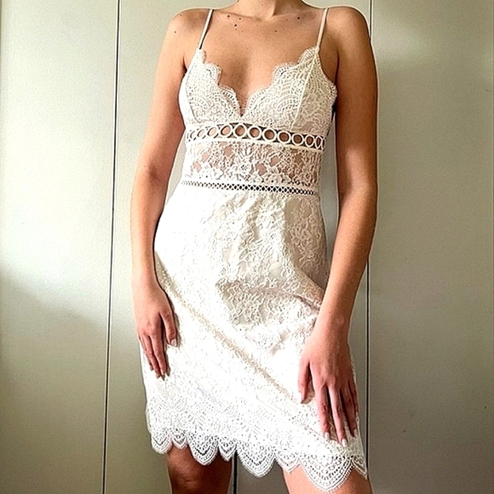 VICTORIA SECRET ANGELS SIZE S SEXY NUDE IVORY LACE SLIP‎ MINI DRESS LINGERIE